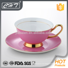 Pink bone china coffee cup & saucer set with decal beauty set